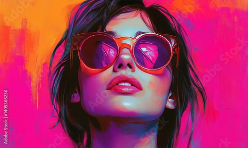 a close up portrait of a woman with bright orange sunglasses and pink eyeshadow, against a vibrant pink and orange background. The woman looks confidently at the camera.