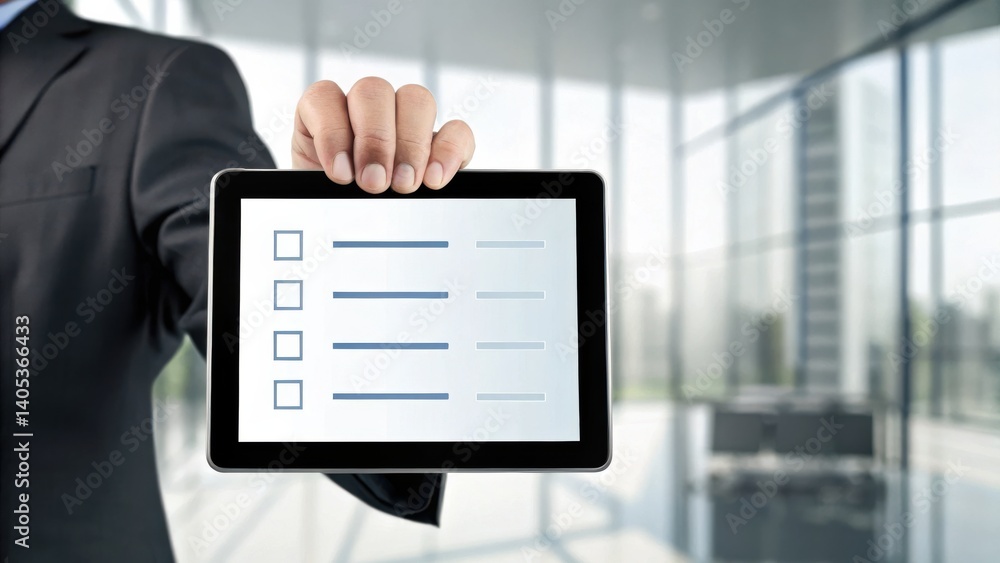 A businessman holds a tablet displaying a checklist in a modern office setting, symbolizing productivity and efficiency. A businessman holds a tablet displaying a checklist in a modern office setting, symbolizing productivity and efficiency.