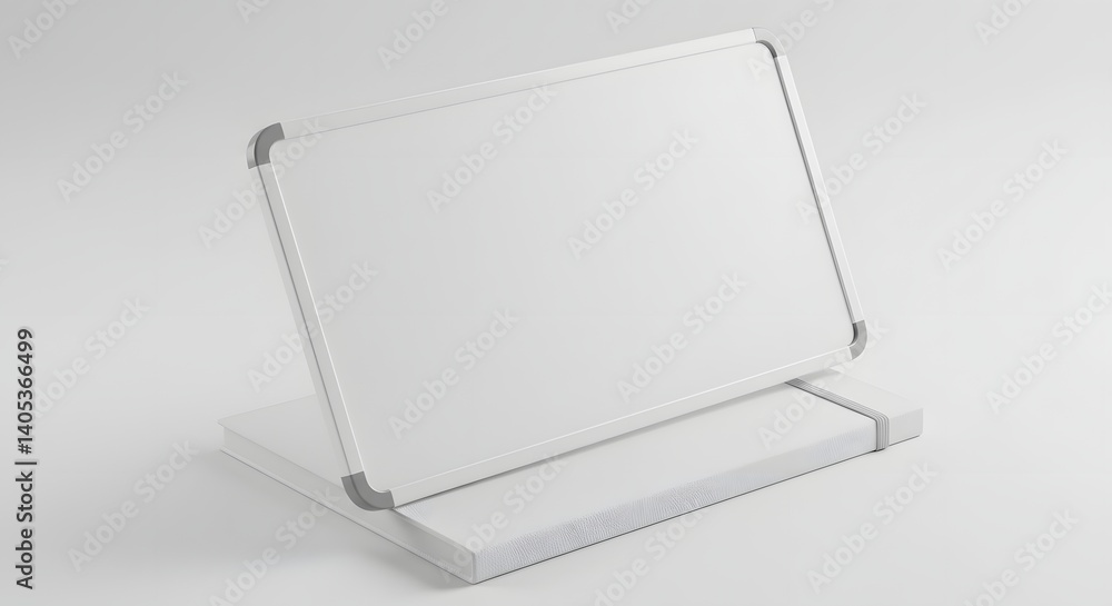 A simple white board with gray trim resting on a white surface in a well lit studio setting A simple white board with gray trim resting on a white surface in a well lit studio setting