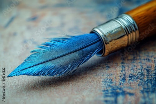 Close-up shot of a paintbrush with a blue feather inside, capturing the essence of art and creativity 