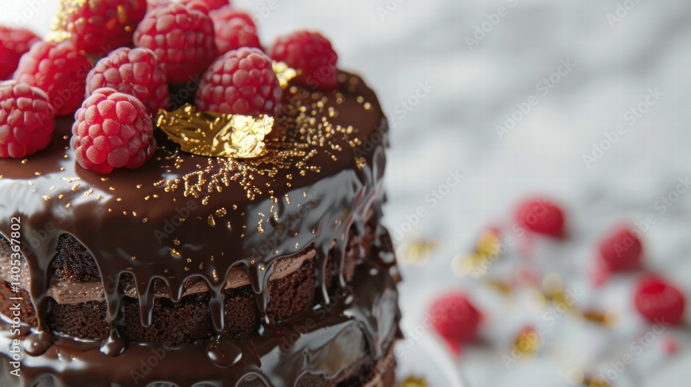 Dripping Chocolate Cake with Fresh Raspberries and Gold Leaf Garnish