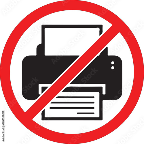 Printer line icon in prohibition red circle, No printing ban sign, forbidden symbol. Vector illustration isolated on white