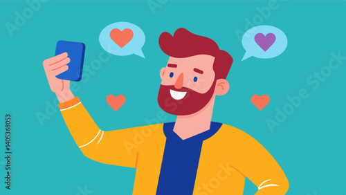 A man taking a selfie with a caption expressing selflove and acceptance.. Vector illustration
