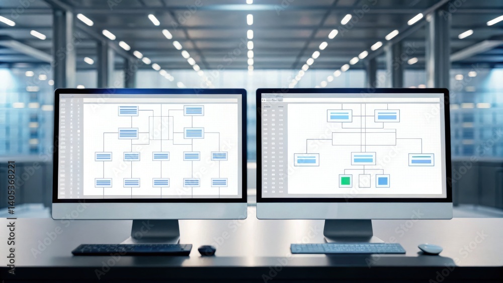 Naklejka premium A modern workspace featuring two monitors displaying flowcharts, highlighting a professional environment focused on organization and data visualization.