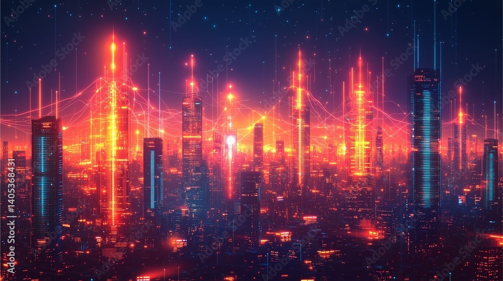 Fototapeta premium Vibrant tech skyline futuristic city digital art urban environment night view innovation concept