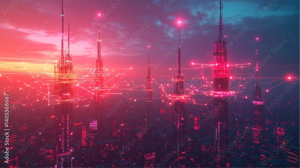 Obraz premium Futuristic cityscape digital world 3d render nighttime aerial view technology concept