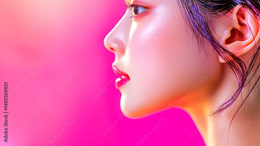 Profile Portrait of a Young Woman with Radiant Skin Against a Vibrant Pink Background Profile Portrait of a Young Woman with Radiant Skin Against a Vibrant Pink Background