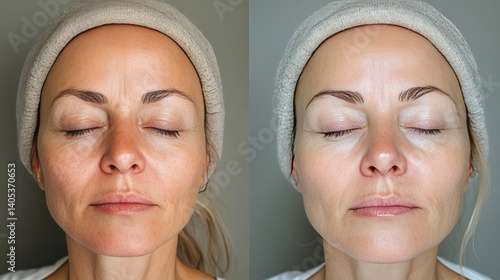before and after skincare treatment showing a woman's face with improved skin tone and texture. Her eyes are closed, and she's wearing a light beige headband.