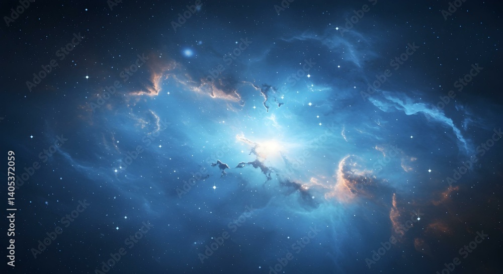 Fototapeta premium Vibrant celestial nebula with brilliant blue and gold hues, speckled with distant stars.