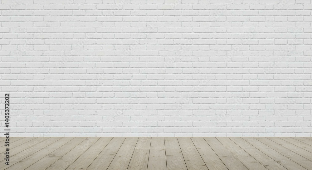 Minimalist white brick wall backdrop with a wooden floor, ideal for display. Minimalist white brick wall backdrop with a wooden floor, ideal for display.