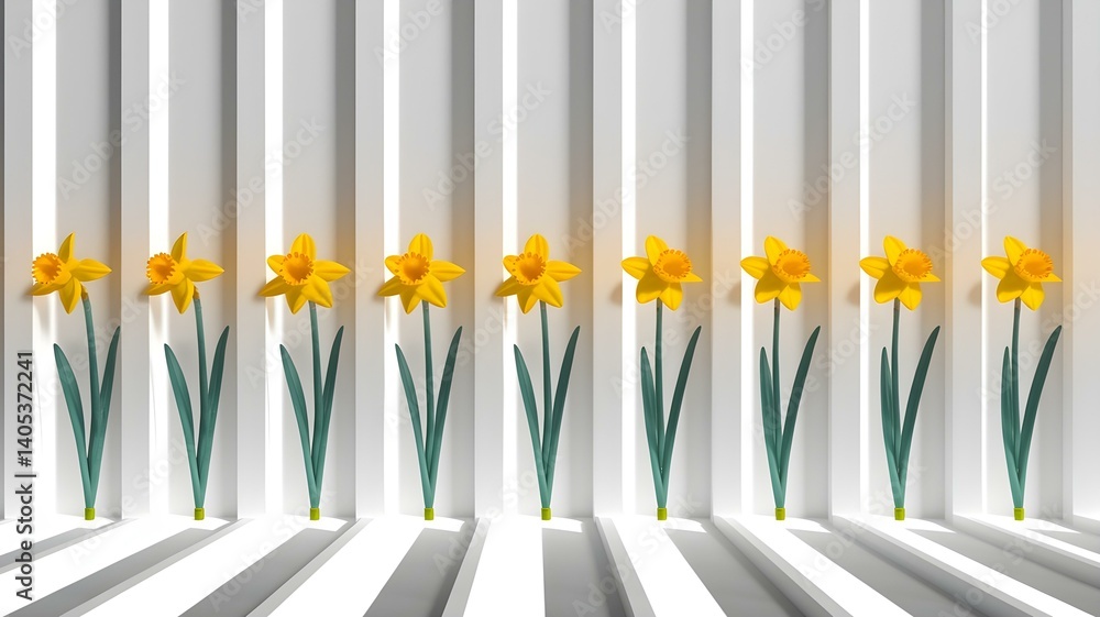 Obraz premium A row of blooming yellow daffodils elegantly arranged against white vertical stripes background.