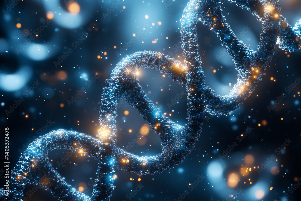 Glowing blue and white DNA strands entwine with intricate molecular forms against a medical backdrop Glowing blue and white DNA strands entwine with intricate molecular forms against a medical backdrop