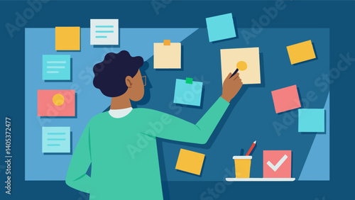 A person writing positive statements on sticky notes and placing them around their room as reminders.. Vector illustration