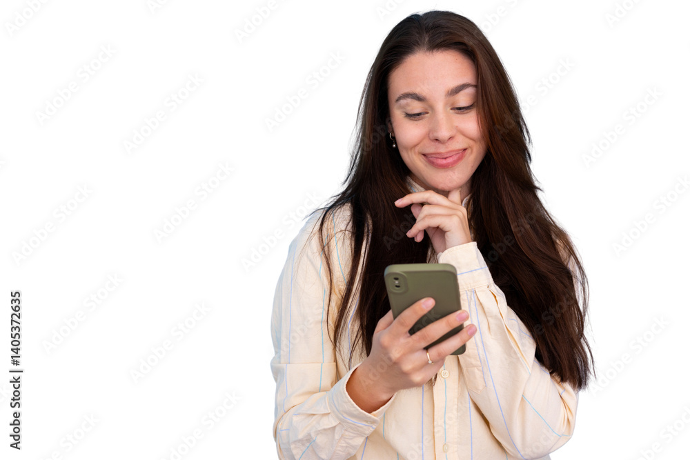 Smiling professional woman working on smartphone, mobile device in hand Smiling professional woman working on smartphone, mobile device in hand