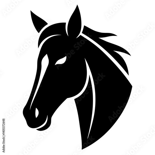 Black shape of Horse head, simple and clean icon, no text
