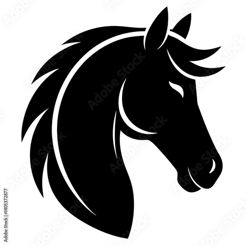 Black shape of Horse head, simple and clean icon, no text
