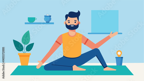 During his lunch break a man attends a yoga class to improve his flexibility and strength as part of his healthy fitness regime.. Vector illustration