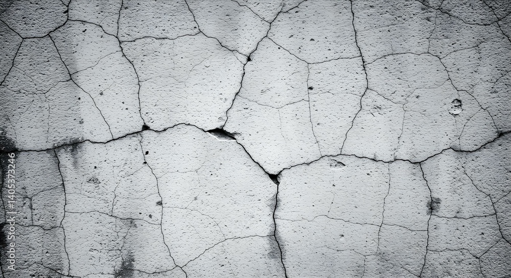 Fototapeta premium An intricate pattern of cracks covers a weathered concrete surface, creating a textured backdrop.