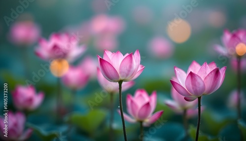 Stunning view of vibrant pink lotus flowers blooming in a tranquil pond setting.