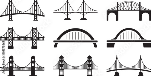 Bridge silhouettes vector set suspension, arch, cable-stayed, and drawbridge icons, urban architecture elements, city landmark design