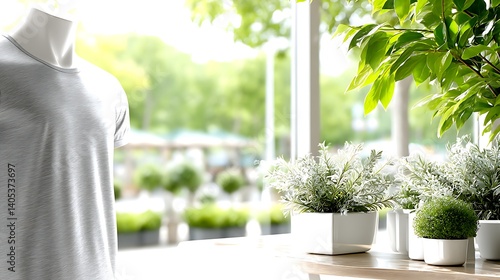 Grey T Shirt Displayed Near Plants in Shop Window of excellence in splendor beyond compare