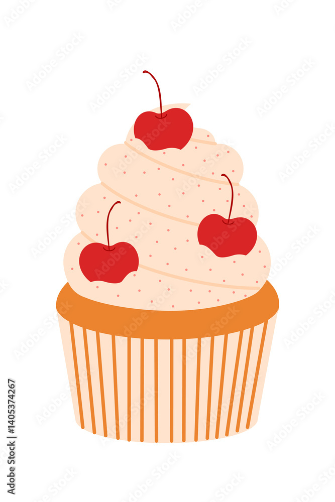 Charming cherry muffin, cupcake with light peach frosting dotted with pink sprinkles and topped with three bright red cherries, served in a striped orange paper liner. Perfect for cafe, menu, post Charming cherry muffin, cupcake with light peach frosting dotted with pink sprinkles and topped with three bright red cherries, served in a striped orange paper liner. Perfect for cafe, menu, post