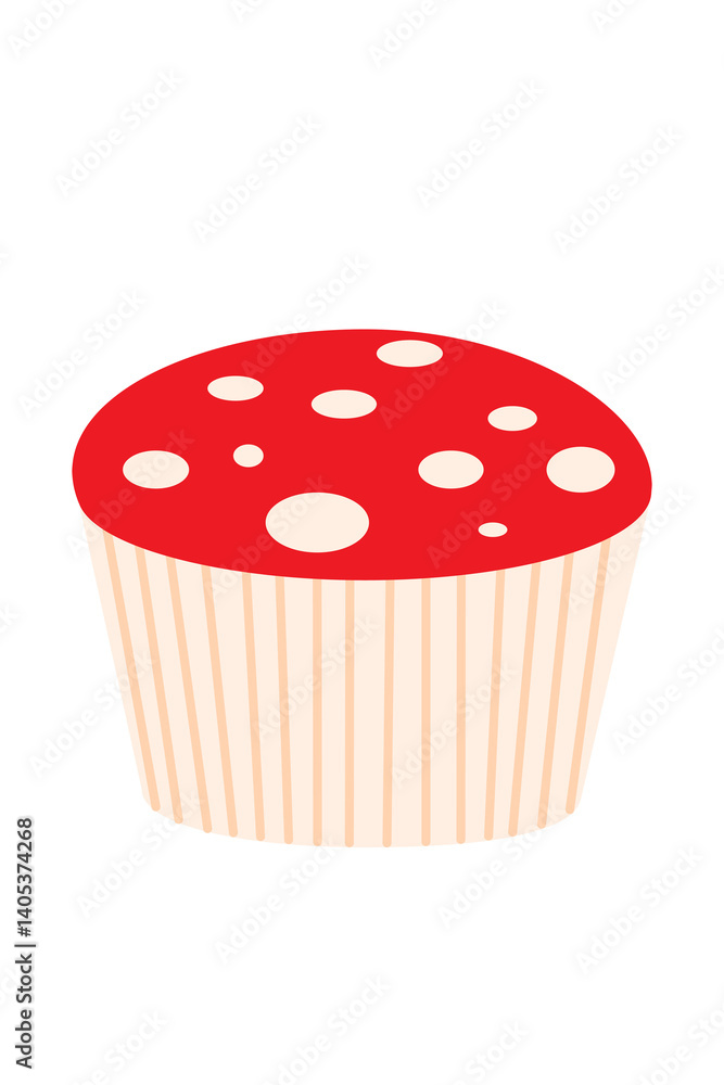 Bright red cupcake with white polka dots resembling a whimsical mushroom design. Perfect for bakery themes, fairy tale concepts, playful food illustrations or children design. Isolated PNG Bright red cupcake with white polka dots resembling a whimsical mushroom design. Perfect for bakery themes, fairy tale concepts, playful food illustrations or children design. Isolated PNG