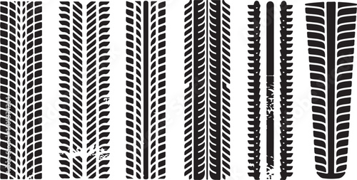 Tire tracks vector set black grunge car tire marks and wheel tread patterns for vehicle print, trail, off-road and automotive design