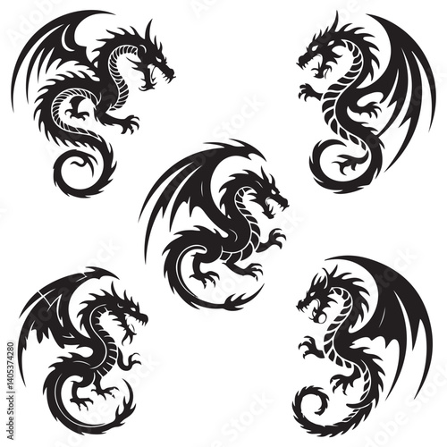 Vector Black silhouettes. illustration, set of round tribal dragon tattoo designs, with white background