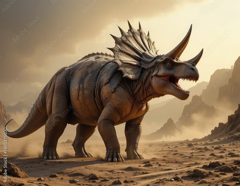 Fototapeta premium Majestic Triceratops: Desert Sunset, Epic Prehistoric Art