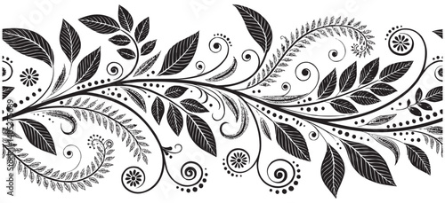 Floral Swirl Border Vector. Ornamental Black and White Botanical Design for Decoration & Print