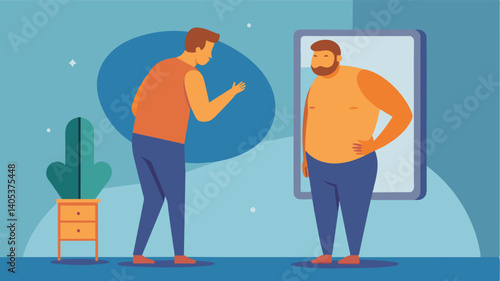 A man staring blankly into a mirror pinching his stomach and comparing himself to unrealistic body standards perpetuated by diet culture.. Vector illustration
