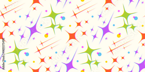Retro stars print design. Futuristic sparkle basic stars and rounds background. Riso print effect