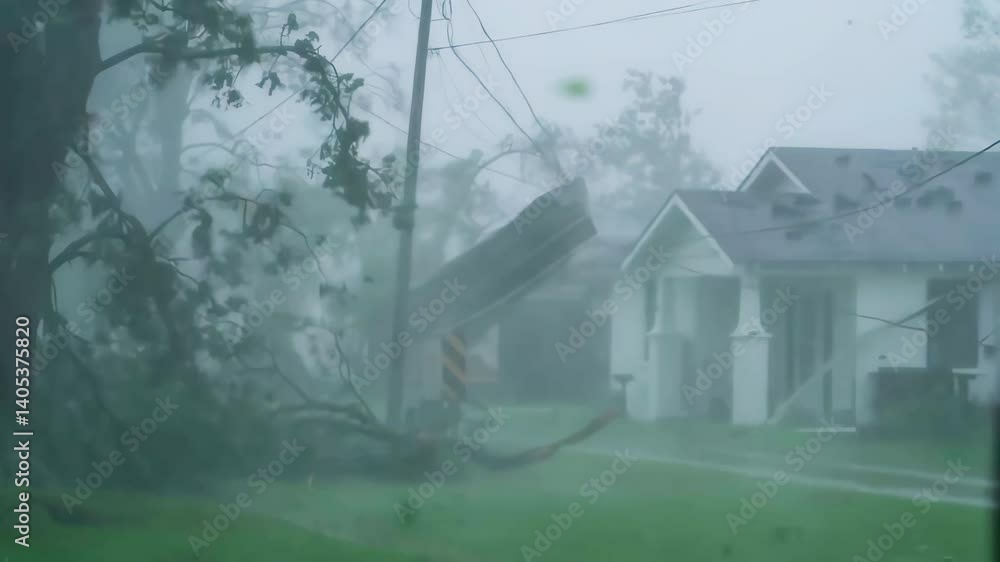 Close-up of storm winds blowing hard against trees and houses, accompanied by heavy rains.
