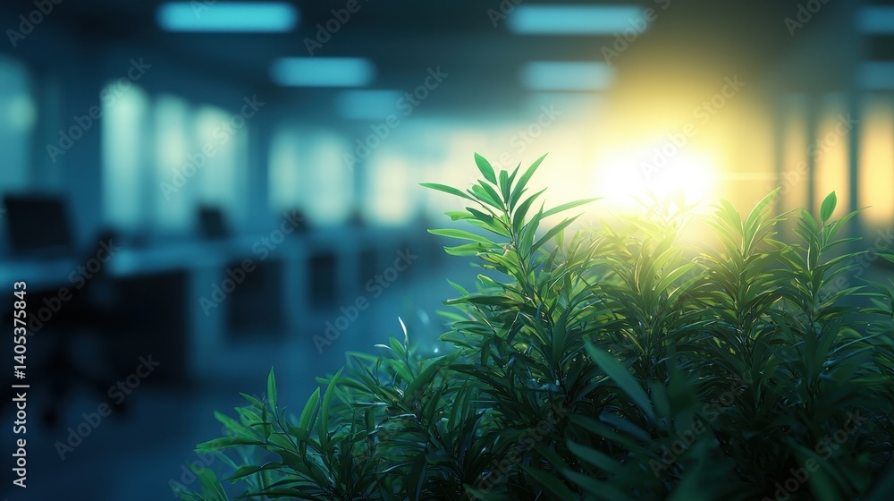 Fototapeta premium Green Leaves Against Bright Morning Light In Modern Office Environment With Blur Background Full Of Desks And Computers