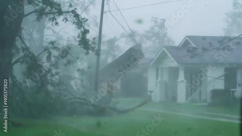 Close-up of storm winds blowing hard against trees and houses, accompanied by heavy rains.