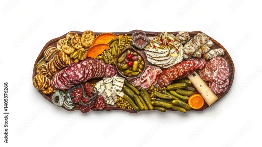 Fototapeta premium Top view of charparterie board with cured beef, crackers, pickles, and cheese.