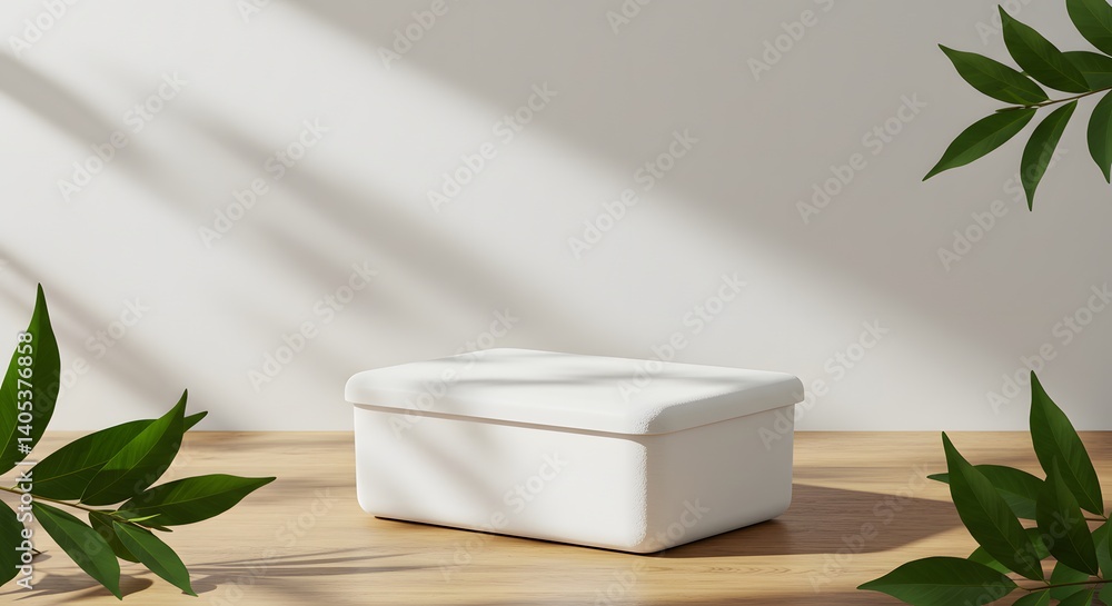 Minimalist scene with white box on wooden surface and green leaves against a white wall backdrop Minimalist scene with white box on wooden surface and green leaves against a white wall backdrop