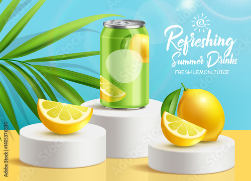 3d lemon juice soda ad template in the concept of chilling drink for summer. Realistic cola can stands on an stage with palm leaf and slice watermelon decoration.