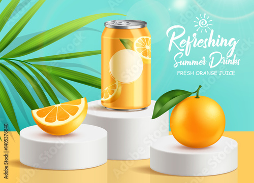 3d orange juice soda ad template in the concept of chilling drink for summer. Realistic cola can stands on an stage with palm leaf and slice watermelon decoration.
