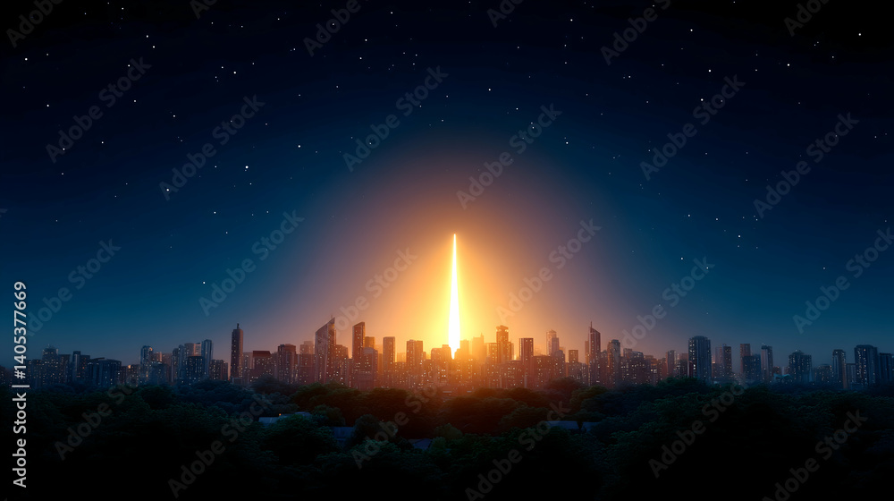Fototapeta premium Bright light rising above city skyline at night. Generative AI
