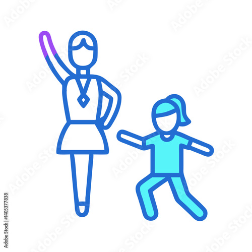 A mentor guides a young student, fostering growth and confidence through dance with bold blue line art and a vibrant color palette.