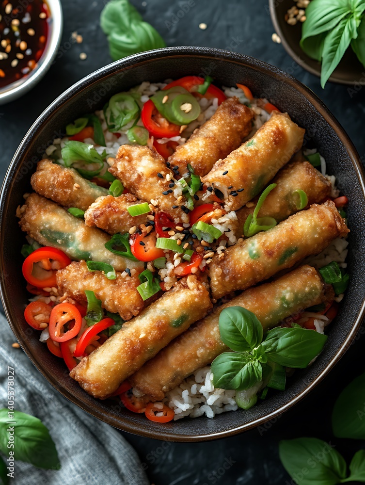 Serving Crispy Spring Rolls with Rice and Fresh Basil in Bowl Serving Crispy Spring Rolls with Rice and Fresh Basil in Bowl