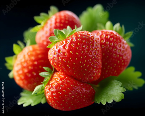 Wallpaper Mural Close-up of vibrant, ripe strawberries with green leaves against a dark background. Generative AI Torontodigital.ca