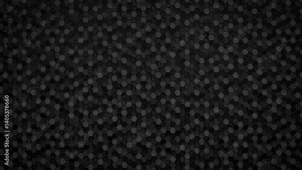 A black abstract texture background with a lot of small black hexagons. The hexagons are arranged in a pattern and the background is completely black A black abstract texture background with a lot of small black hexagons. The hexagons are arranged in a pattern and the background is completely black