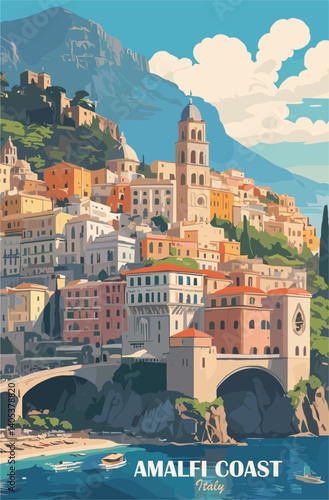 Amalfi, Italy travel destination poster in retro style. Vector art illustration