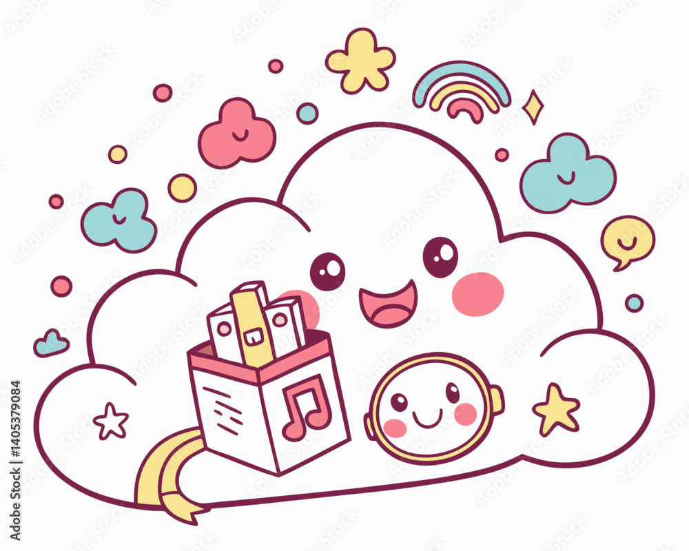 Fototapeta premium Cute cloud character with music box in a playful style 
