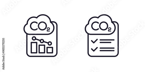carbon emission reduction report line icons on white