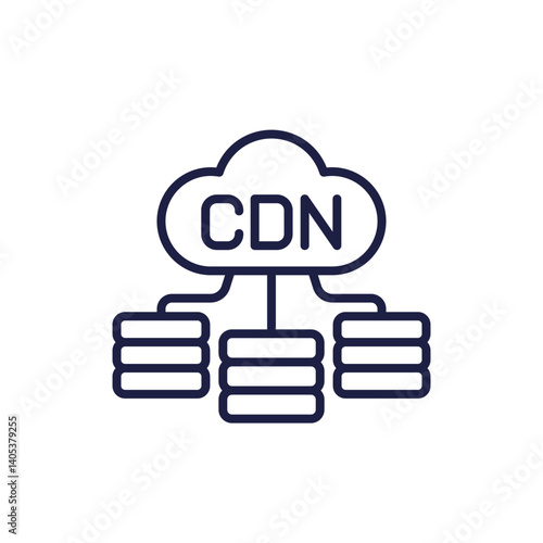 CDN, Content delivery network icon with a cloud, line vector