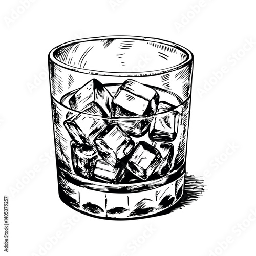 A glass of ice water with ice cubes in it